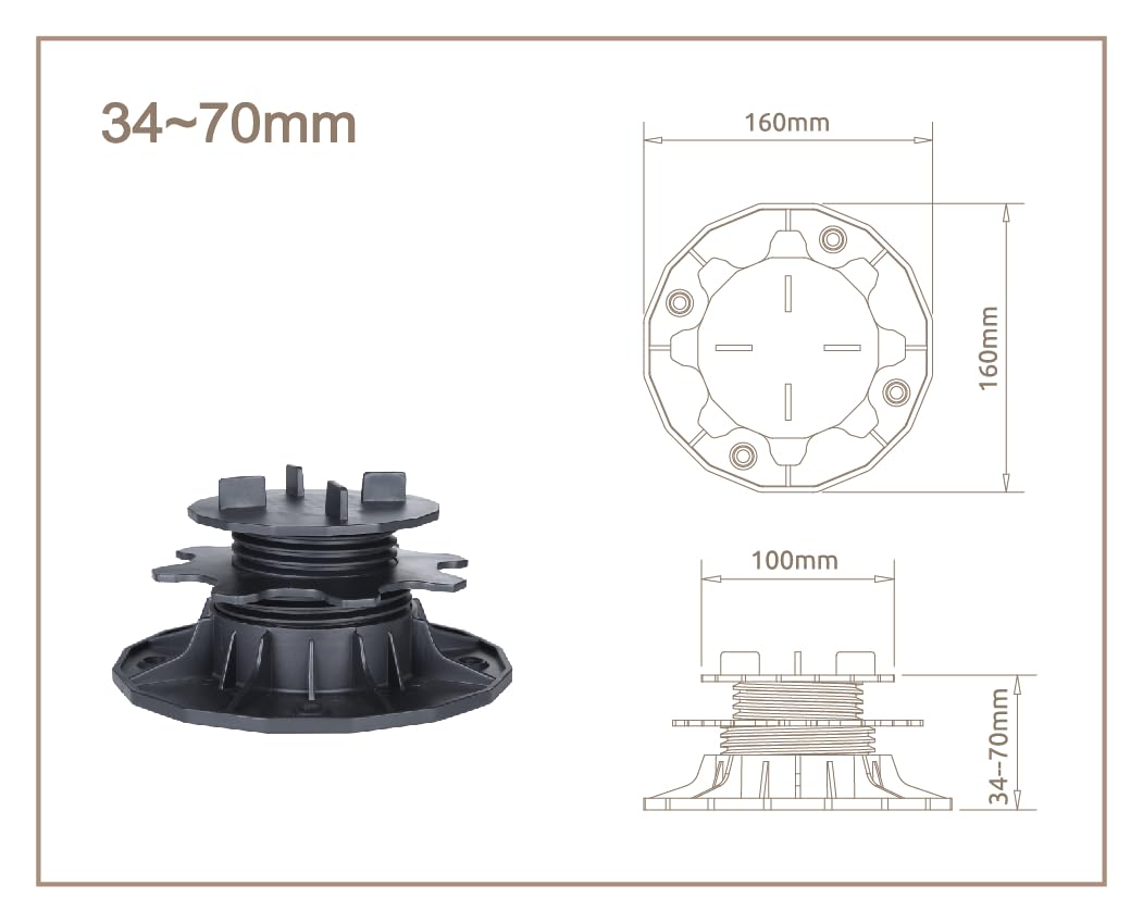 Justierbare Plattenlager Stelzlager für Terrassen-Platten - Höhenverstellbare Stellfüße für Keramik, Stein, Beton und Fliesen - 48 Stück, 34-70 mm