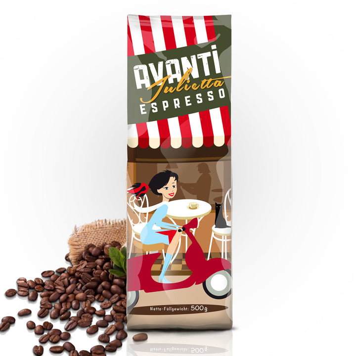Caffè AVANTI Espresso "Julietta" - 500g Beans (70% Arabica / 30% Robusta), strong & creamy, Italian drum roast