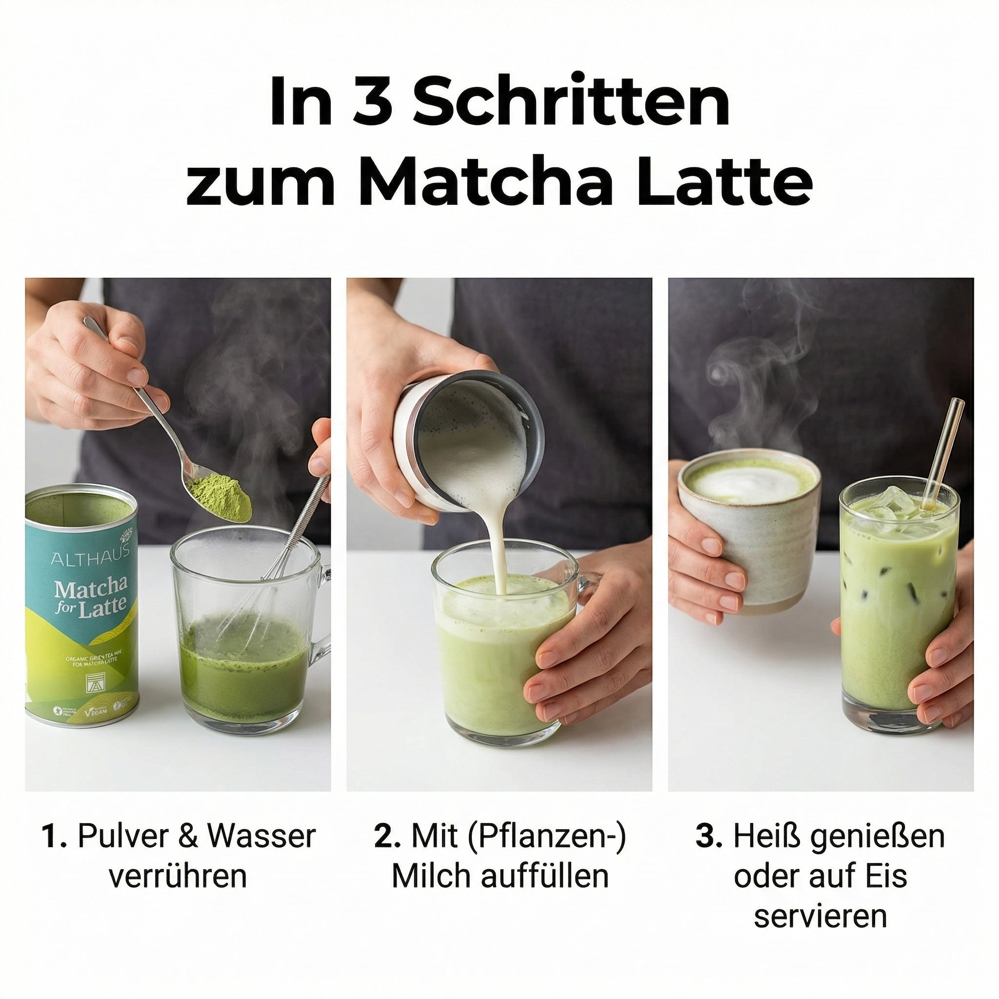 ALTHAUS Matcha Latte Pulver, Bio Grüntee-Mischung mit Rohrohrzucker, vegan glutenfrei laktosefrei, 400 g Dose, ca. 20 Portionen, mild-süßer Geschmack, schneller Genuss heiß oder kalt