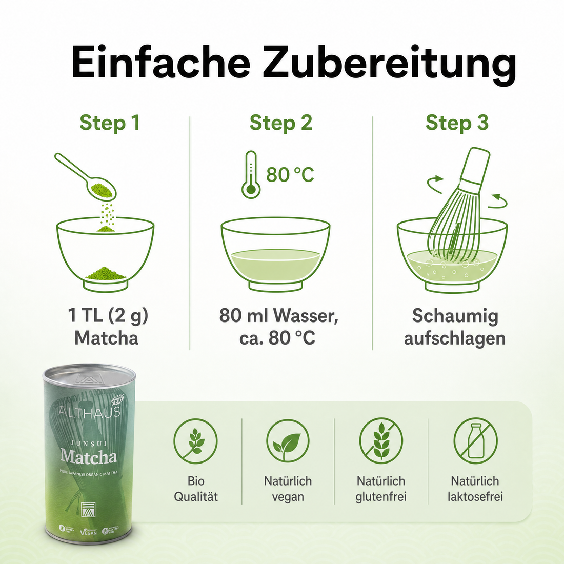 ALTHAUS Junsui Matcha – Japanisches Matcha Pulver, Top-Qualität, reiner japanischer Matcha-Tee, fein gemahlen, leuchtend grün, 150 g in der Dose, vegan, glutenfrei, laktosefrei