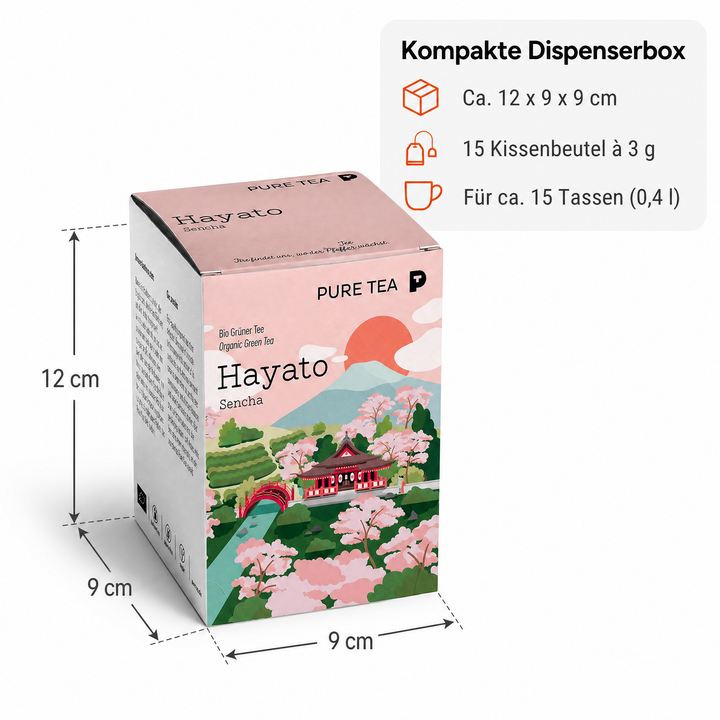Pure Tea Grüner Tee Sencha Hayato, japanischer Bio Grüntee im Kissenbeutel, 15 Beutel à 3 g, Premiumqualität, Dispenserbox, frisch-duftiges Aroma