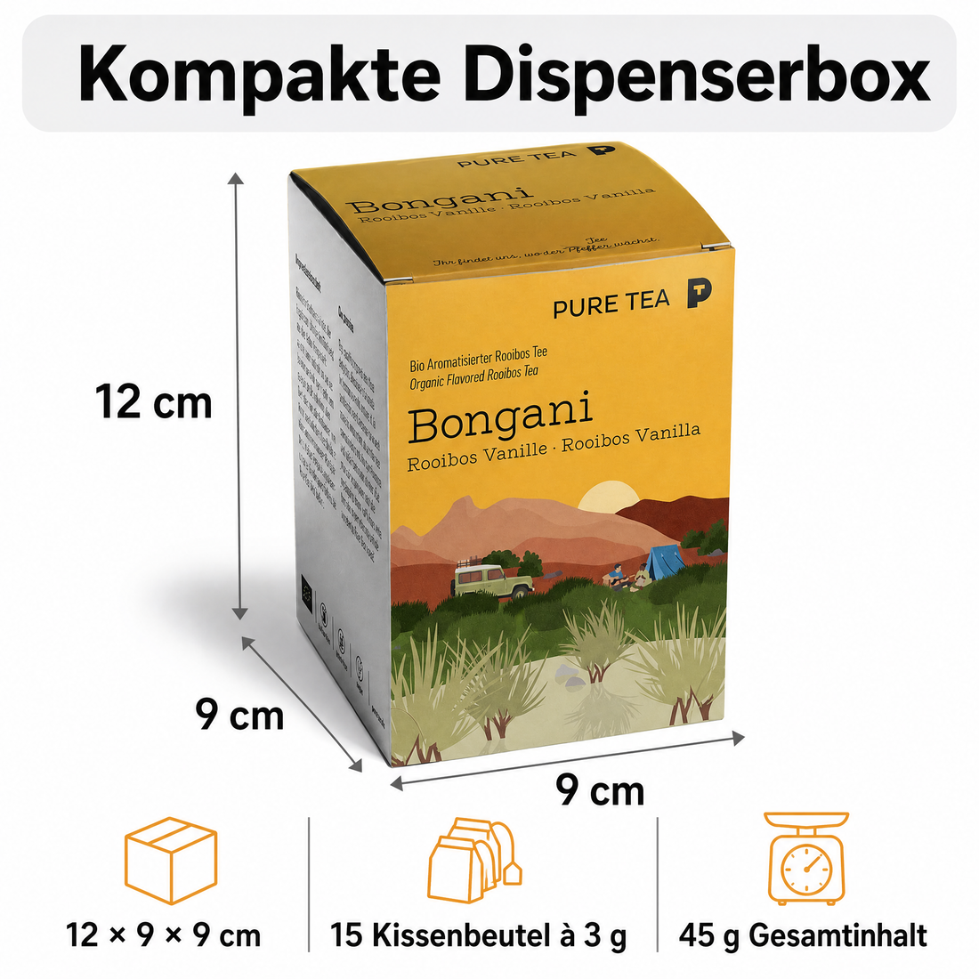 PURE TEA Rooibos Tee Bongani Vanille, aromatisierter Rotbuschtee, Bio, 15 Kissenbeutel à 3 g (45 g), koffeinfrei, flache handgenähte Beutel, Dispenserbox 12 × 9 × 9 cm