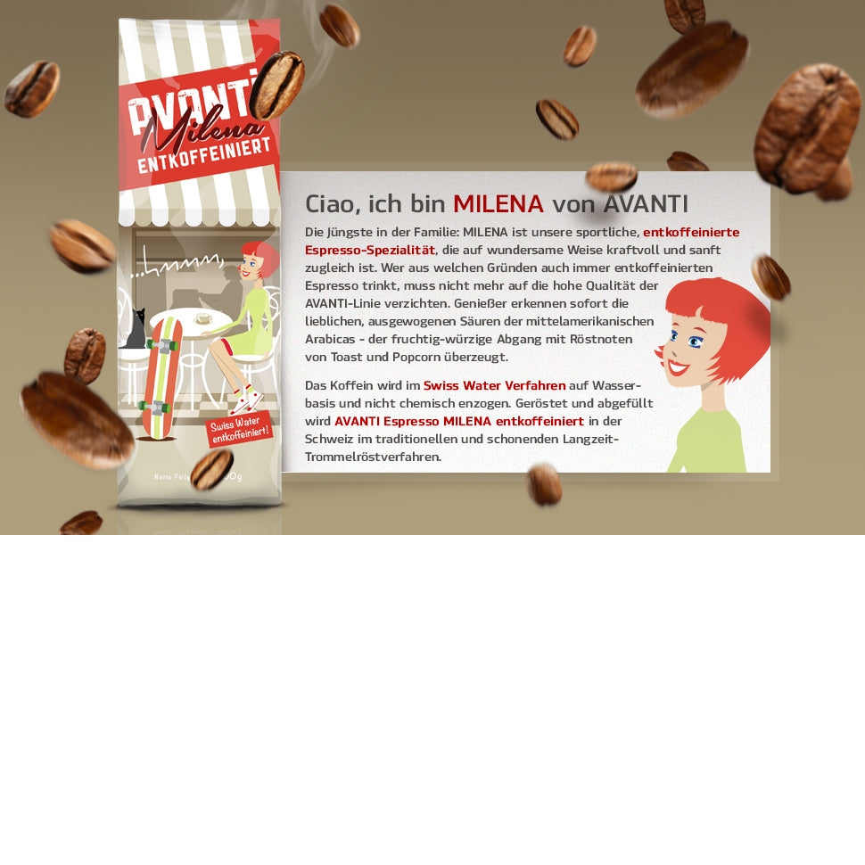 Caffè AVANTI MILENA Espresso Decaffeinated – 500g Beans (Swiss Water®, 80% Arabica / 20% Robusta), Swiss Roast