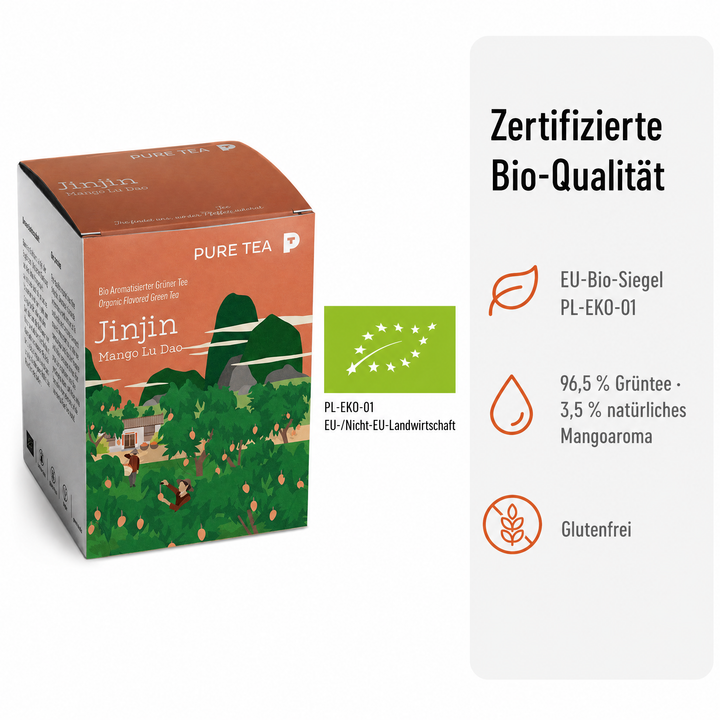 PURE TEA Jinjin Bio Grüner Tee Mango Lu Dao, aromatisierter Grüntee in flachen Kissenbeuteln, 15 x 3 g, einzeln verpackt, Dispenserbox 12 x 9 x 9 cm, glutenfrei, mittlerer Koffeingehalt