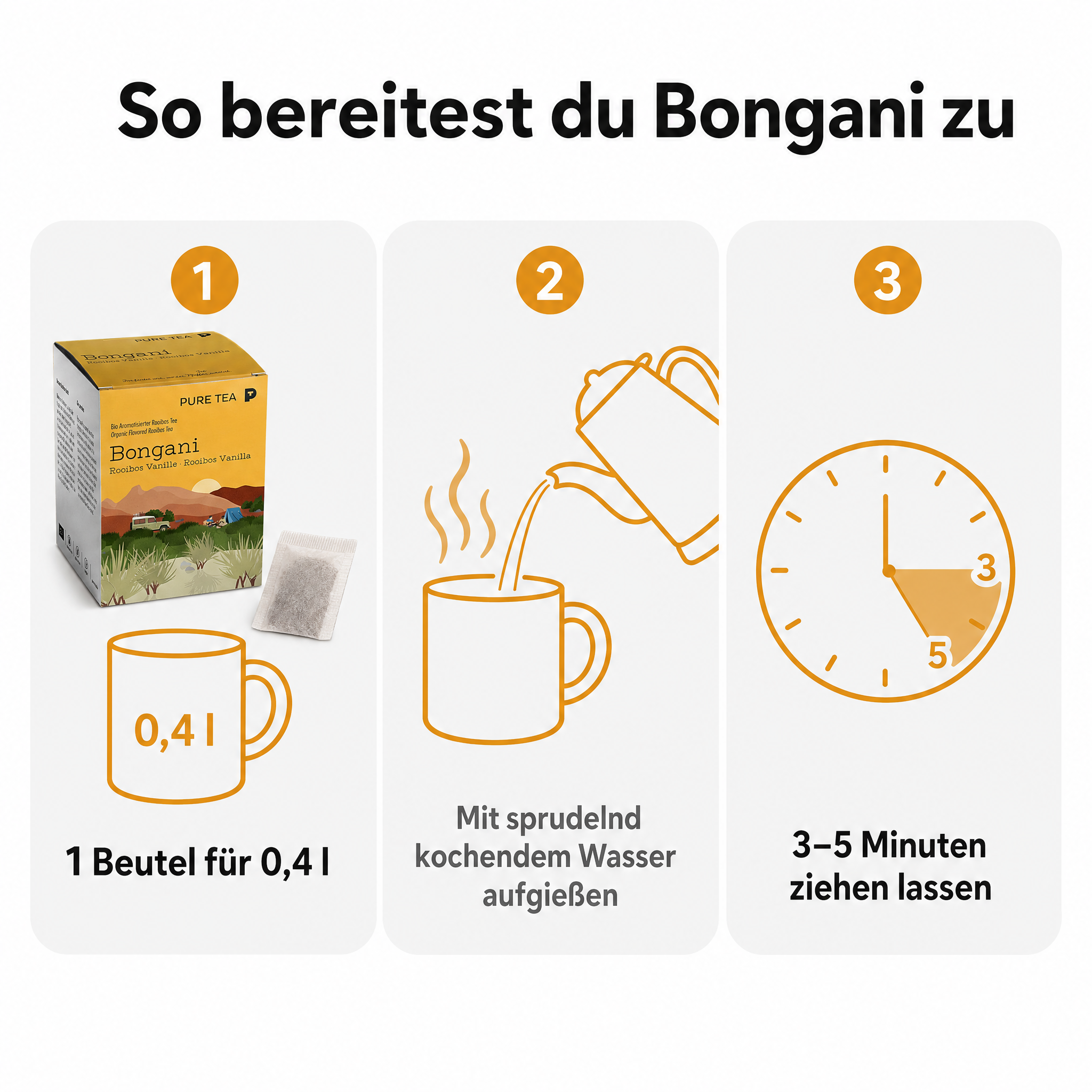 PURE TEA Rooibos Tee Bongani Vanille, aromatisierter Rotbuschtee, Bio, 15 Kissenbeutel à 3 g (45 g), koffeinfrei, flache handgenähte Beutel, Dispenserbox 12 × 9 × 9 cm