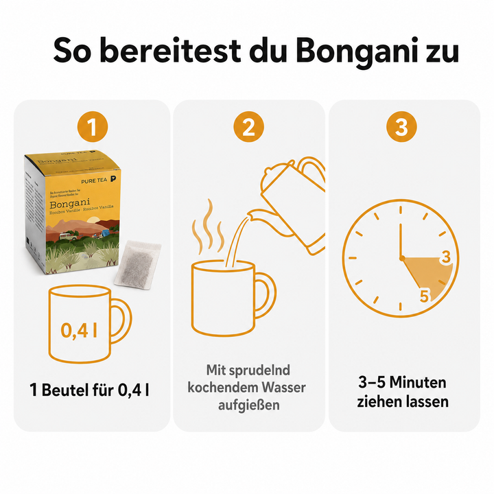 PURE TEA Rooibos Tee Bongani Vanille, aromatisierter Rotbuschtee, Bio, 15 Kissenbeutel à 3 g (45 g), koffeinfrei, flache handgenähte Beutel, Dispenserbox 12 × 9 × 9 cm