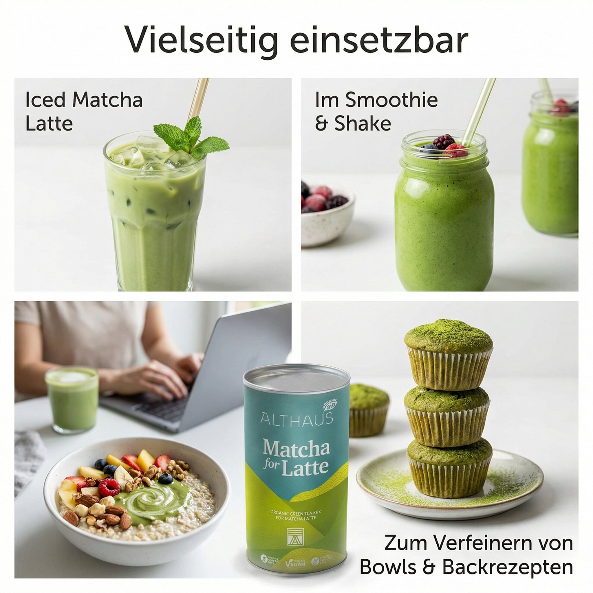 ALTHAUS Matcha Latte Pulver, Bio Grüntee-Mischung mit Rohrohrzucker, vegan glutenfrei laktosefrei, 400 g Dose, ca. 20 Portionen, mild-süßer Geschmack, schneller Genuss heiß oder kalt