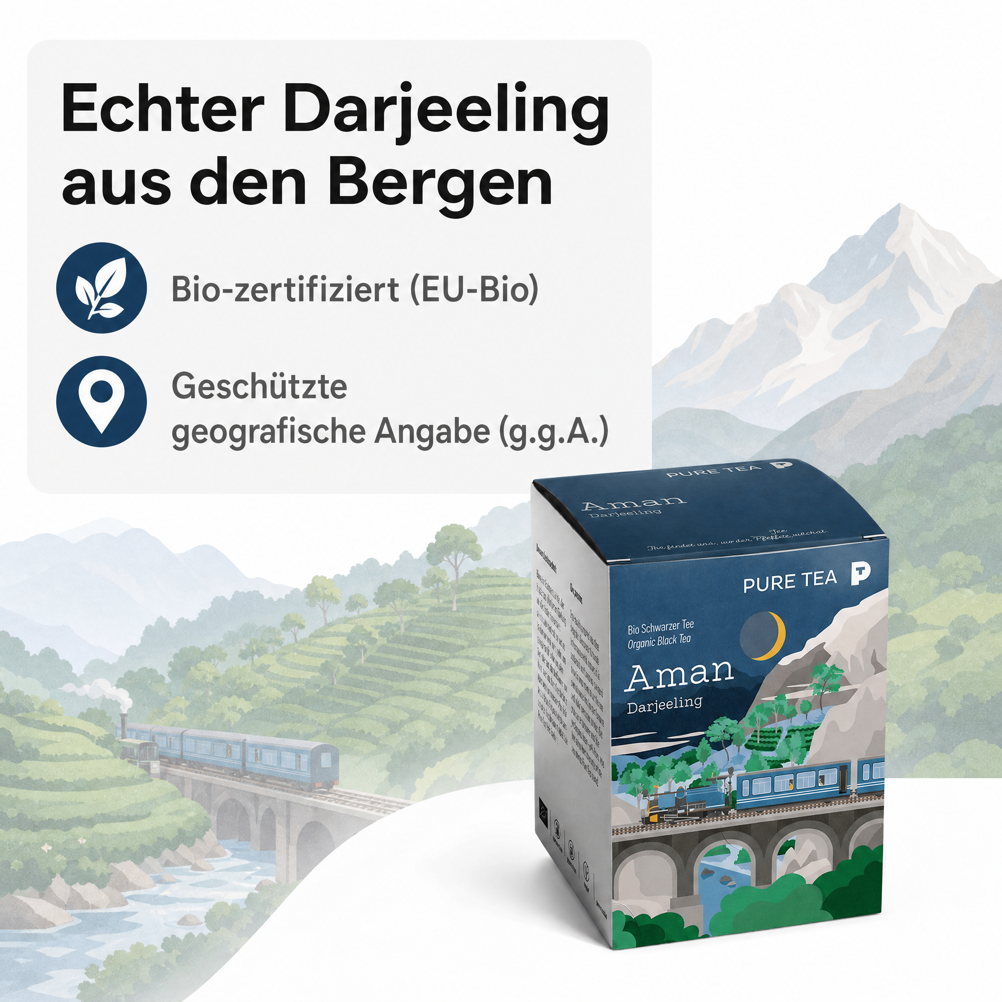 PURE TEA Aman Darjeeling Tee, Bio-Schwarztee mit g.g.A., handgepflückt im Himalaya, handgenähte Kissenbeutel, einzeln verpackt und aromaversiegelt, Dispenserbox, kontrolliert biologischer Anbau gemäß EU-Öko-Standards (Kontrollstelle PL-EKO-01)