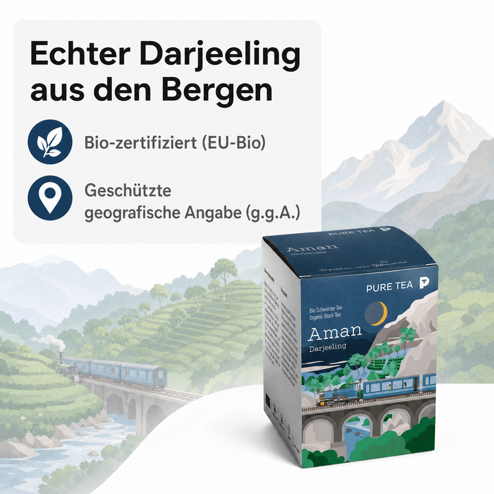 PURE TEA Aman Darjeeling Tee, Bio-Schwarztee mit g.g.A., handgepflückt im Himalaya, handgenähte Kissenbeutel, einzeln verpackt und aromaversiegelt, Dispenserbox, kontrolliert biologischer Anbau gemäß EU-Öko-Standards (Kontrollstelle PL-EKO-01)
