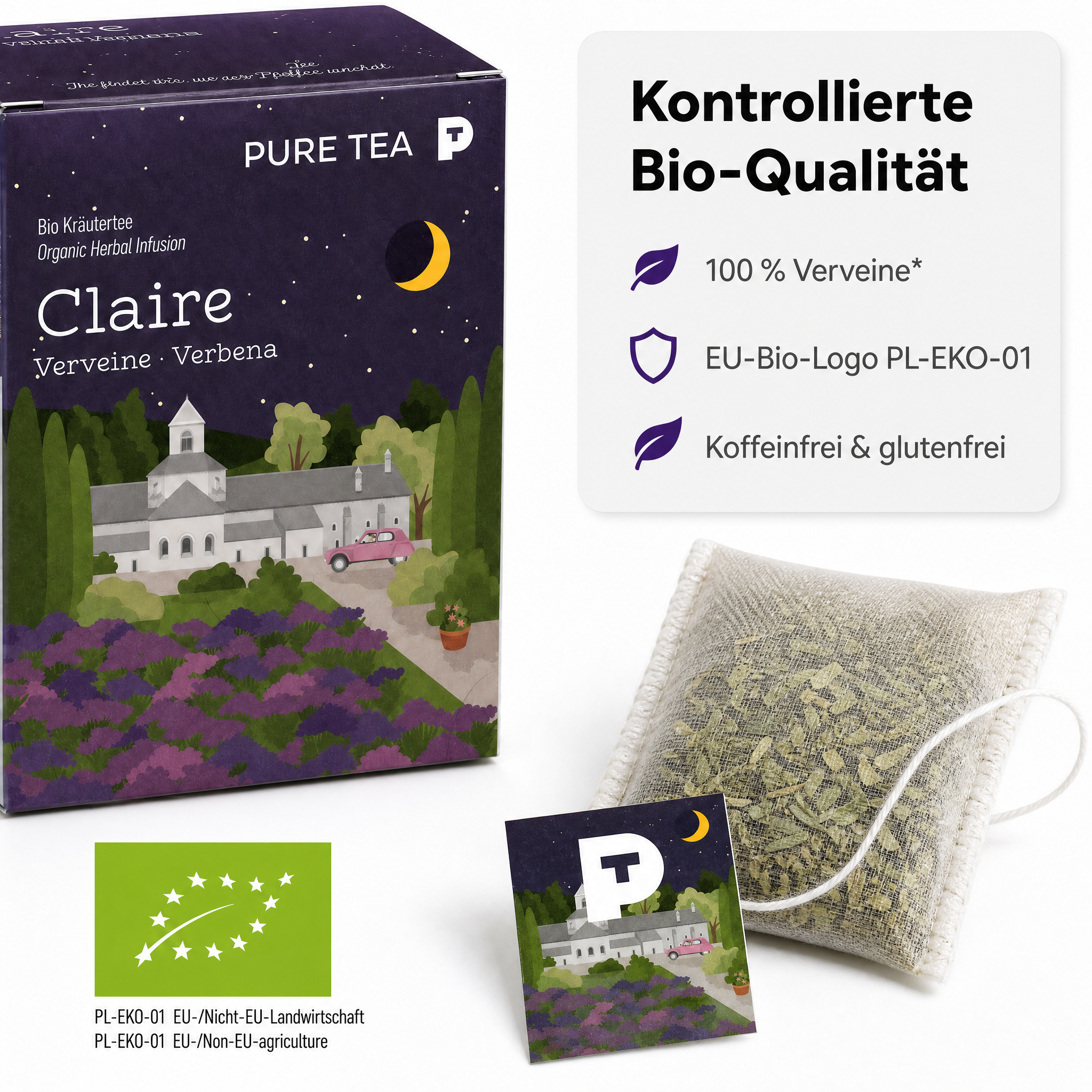 PURE TEA Zitronenverbene Tee Claire Verveine, Bio Kräutertee im handgenähten Kissen-Teebeutel, 15 x 1,5 g, zart zitroniger Geschmack, Dispenserbox 12 x 9 x 9 cm