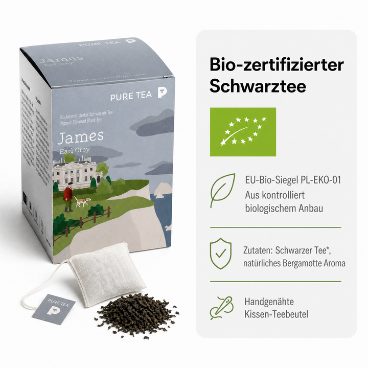 Pure Tea James Earl Grey Teebeutel, Bio-Schwarztee mit Bergamotte, aromatisierter schwarzer Tee im Kissenbeutel, einzeln verpackt in eleganter Dispenserbox, britischer Afternoon-Tea-Genuss