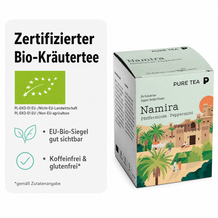 PURE TEA Namira Bio-Pfefferminztee, Kräutertee, 15 Kissenbeutel einzeln verpackt, Dispenserbox 12 x 9 x 9 cm, koffeinfrei, aus biologischem Anbau, mit nordafrikanischem Landschaftsmotiv