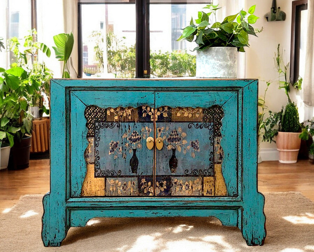 Vintage Asia Asian Chest of Drawers Sideboard Blue "Oceanflowers" - Art. 34740-5