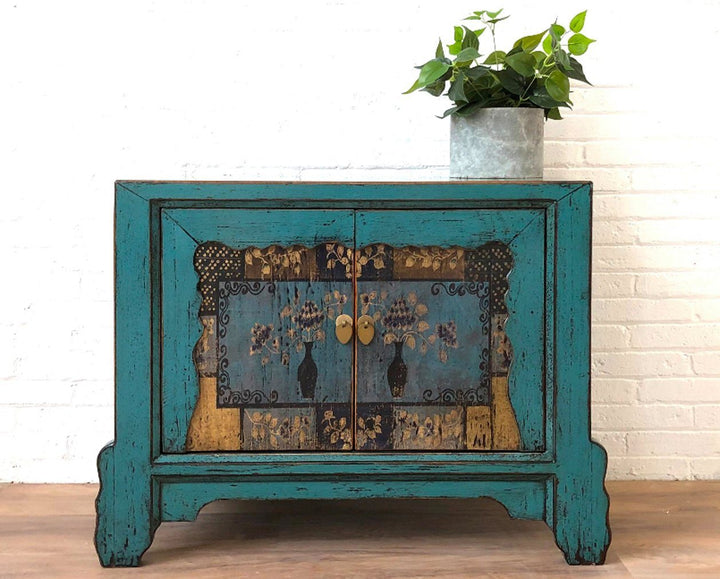 Vintage Asia Asian Chest of Drawers Sideboard Blue "Oceanflowers" - Art. 34740-5
