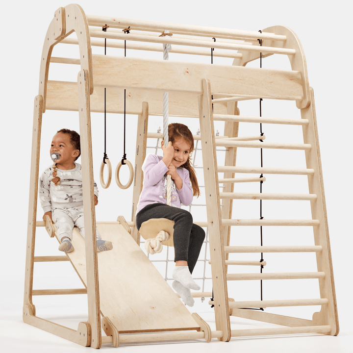 6in1 Indoor Spielplatz für Kinder: Klettergerüst mit Kletternetz, Rutsche, Gymnastikringe, Hängende Leiter und Disc-Schaukel – Beige