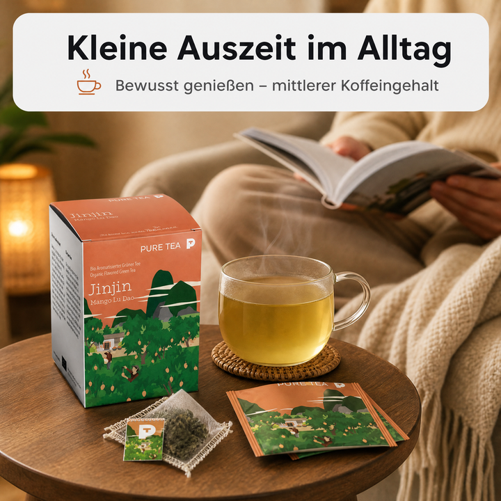 PURE TEA Jinjin Bio Grüner Tee Mango Lu Dao, aromatisierter Grüntee in flachen Kissenbeuteln, 15 x 3 g, einzeln verpackt, Dispenserbox 12 x 9 x 9 cm, glutenfrei, mittlerer Koffeingehalt
