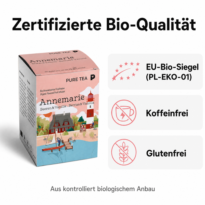 Pure Tea Früchtetee Bio Annemarie Beeren & Vanille, 15 Teebeutel à 3,5 g, aromatisierter Bio-Früchtetee, koffeinfrei & glutenfrei, EU‑Bio (PL‑EKO‑01), Dispenserbox