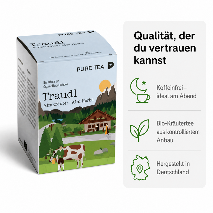 PURE TEA Traudl Bio Kräutertee Almkräuter, koffeinfreier Alpenkräuter Tee als Kräutermischung mit Spitzwegerich, Apfelminze & Melisse, einzeln verpackte Kissenbeutel in Dispenserbox