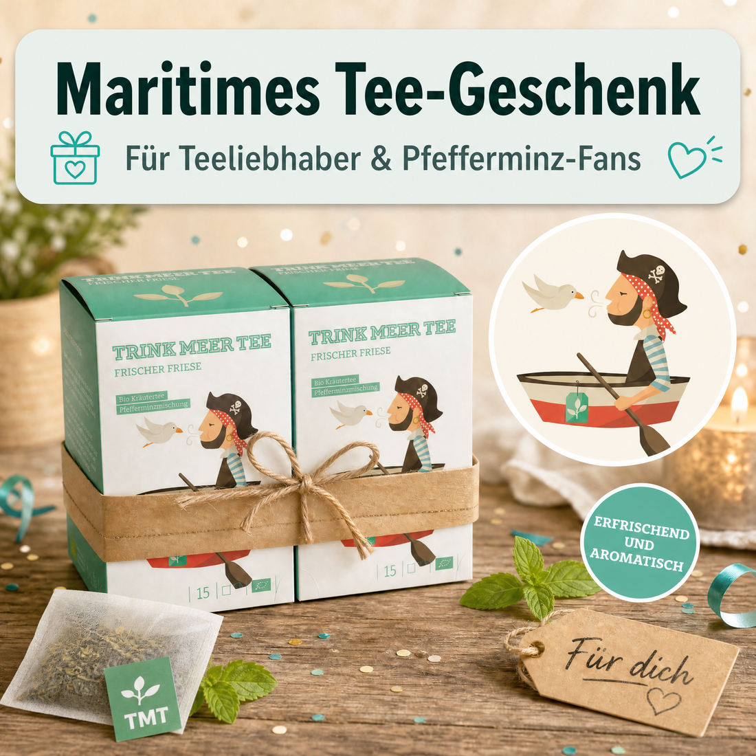 Trink Meer Tee Pfefferminztee Frischer Friese Bio Kräutertee in Teebeuteln, erfrischend und aromatisch, handgenähte Kissenbeutel aus Netzmaterial, maritimes Design, hergestellt in Deutschland - 15 x 1,5g Beutel
