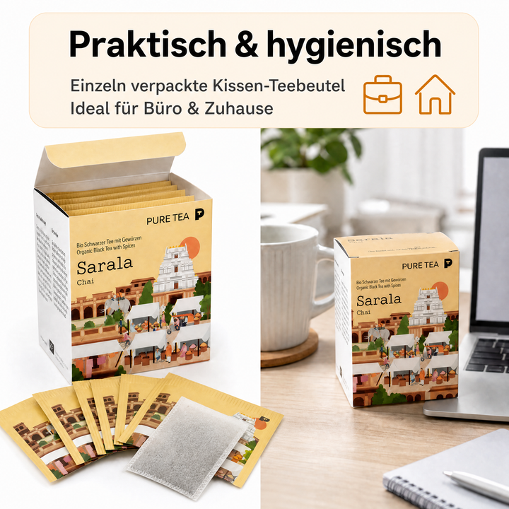 Pure Tea Chai Tee Sarala Chai, Bio-Schwarztee als Gewürztee mit Zimt, Fenchel, Ingwer, Nelken & Anis, Pyramiden-Teebeutel, einzeln verpackt in Dispenserbox, 12 x 9 x 9 cm