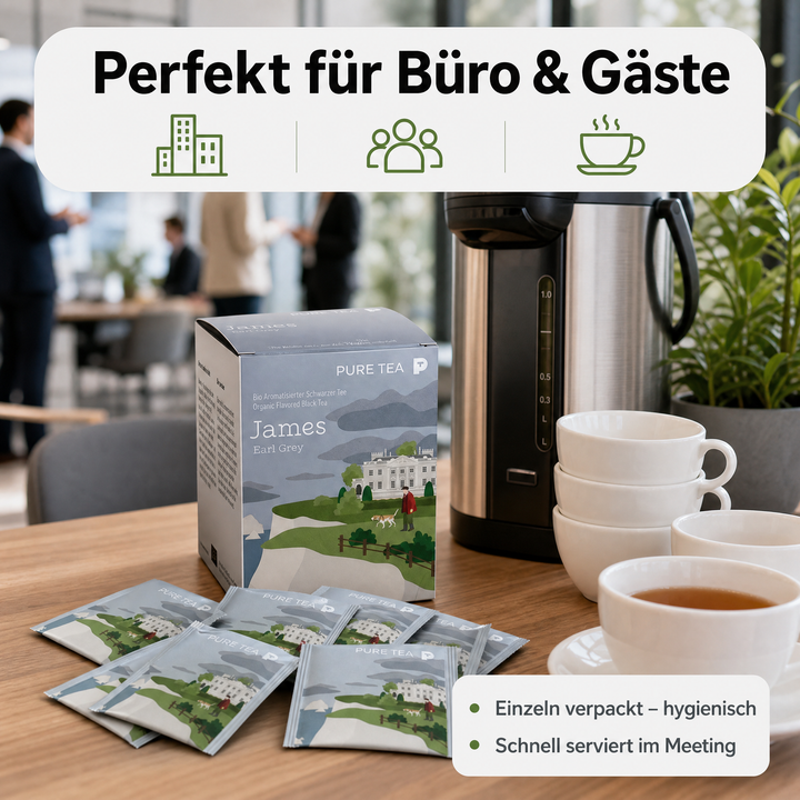 Pure Tea James Earl Grey Teebeutel, Bio-Schwarztee mit Bergamotte, aromatisierter schwarzer Tee im Kissenbeutel, einzeln verpackt in eleganter Dispenserbox, britischer Afternoon-Tea-Genuss