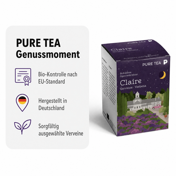 PURE TEA Zitronenverbene Tee Claire Verveine, Bio Kräutertee im handgenähten Kissen-Teebeutel, 15 x 1,5 g, zart zitroniger Geschmack, Dispenserbox 12 x 9 x 9 cm
