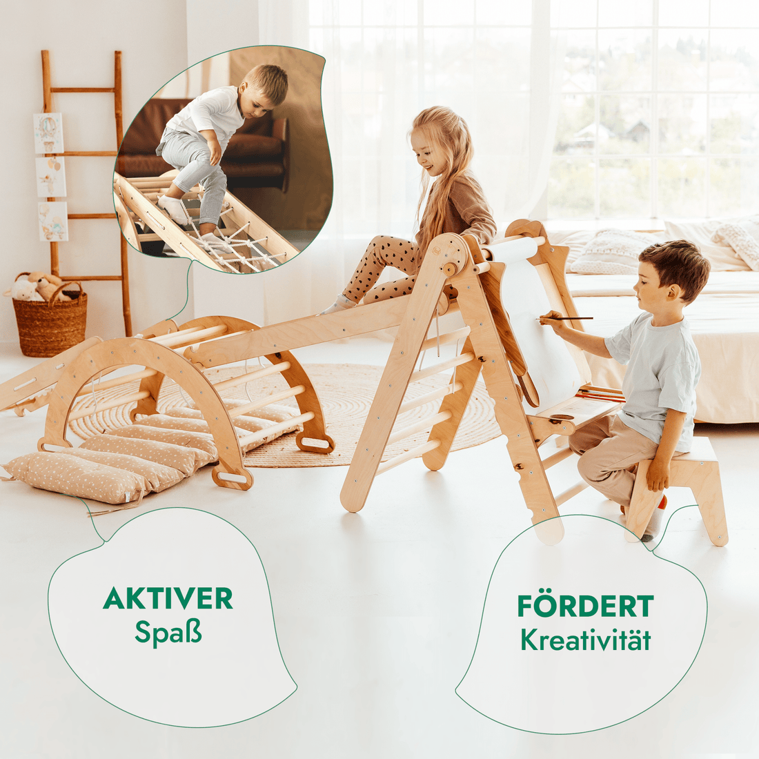 7in1 Montessori Klettergerüst Set: Kletterdreieck, Kletterbogen mit Kissen, Rutsche, Kletternetz, Maltafel und Kinderstuhl, für Kinder 1-7 Jahre – Beige