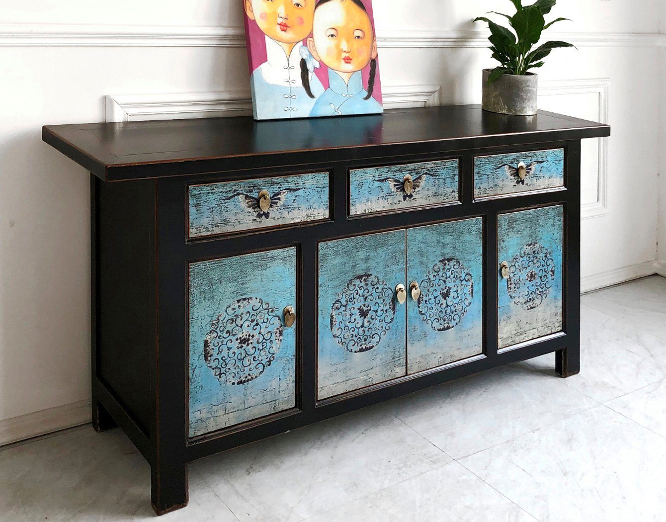 Vintage Asia Oriental Chest Sideboard Cabinet Turquoise Blue - Item No. 34372-5