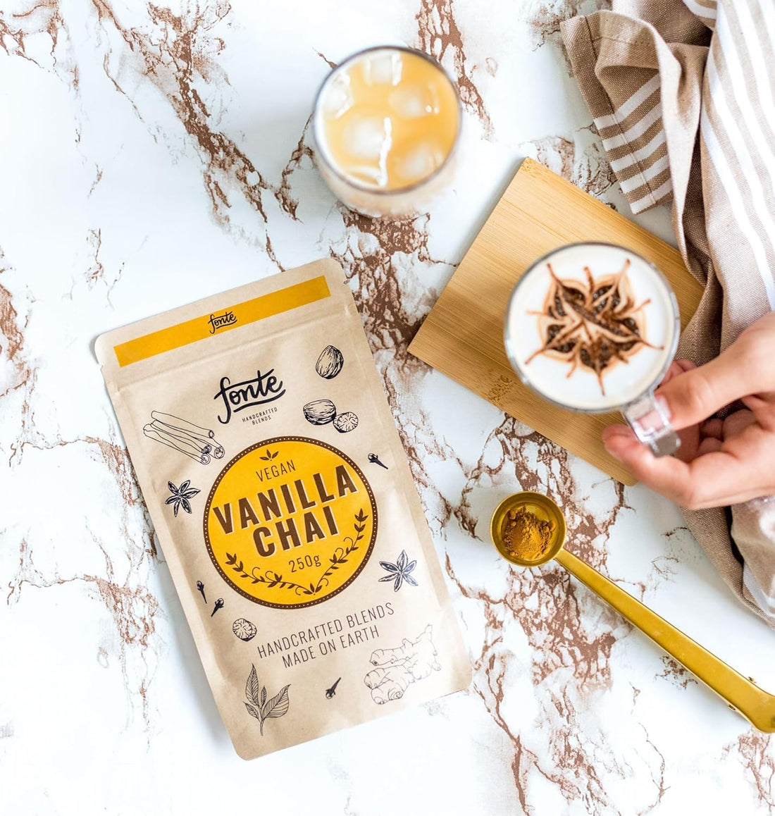 Fonte Handcrafted Vegan Vanilla Chai, Gewürzmischung für Chai Latte mit Vanille, Natürliche Zutaten, 250g Beutel, 12 Portionen