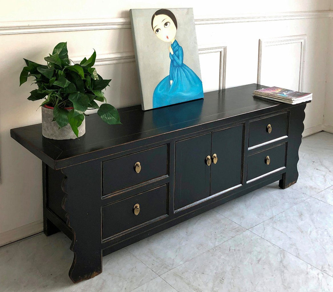 Vintage Asia Asian Lowboard Chest of Drawers Bench Black - Item 35208-2