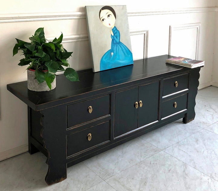 Vintage Asia Asian Lowboard Chest of Drawers Bench Black - Item 35208-2