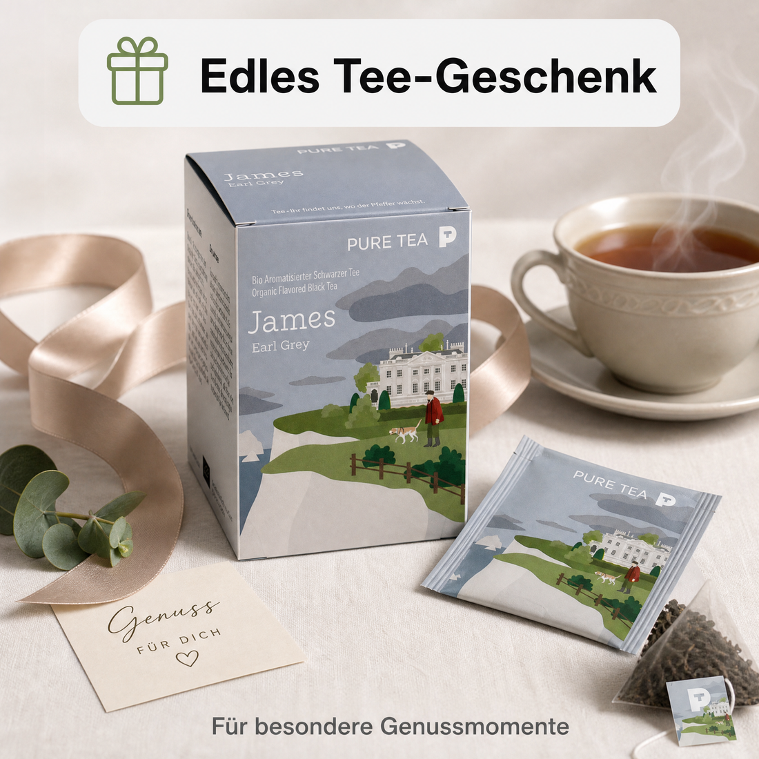 Pure Tea James Earl Grey Teebeutel, Bio-Schwarztee mit Bergamotte, aromatisierter schwarzer Tee im Kissenbeutel, einzeln verpackt in eleganter Dispenserbox, britischer Afternoon-Tea-Genuss
