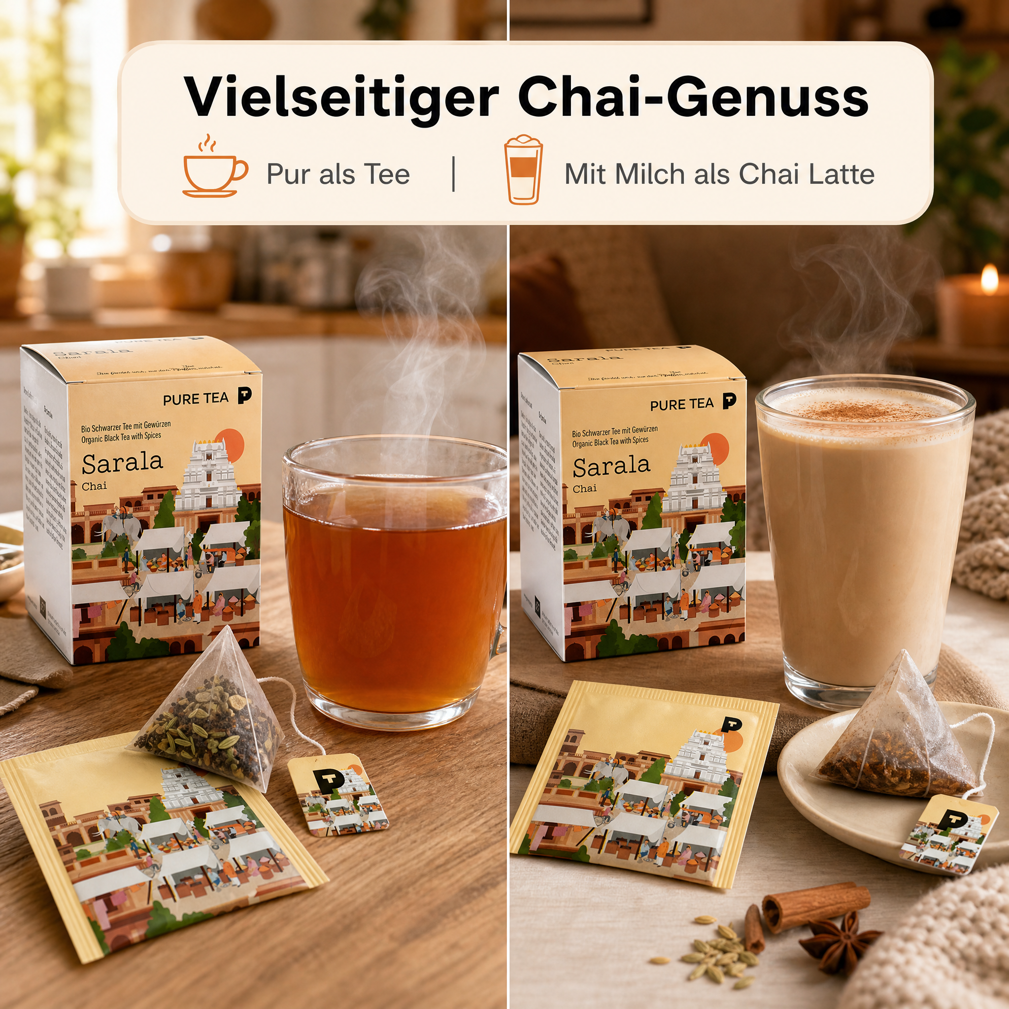 Pure Tea Chai Tee Sarala Chai, Bio-Schwarztee als Gewürztee mit Zimt, Fenchel, Ingwer, Nelken & Anis, Pyramiden-Teebeutel, einzeln verpackt in Dispenserbox, 12 x 9 x 9 cm