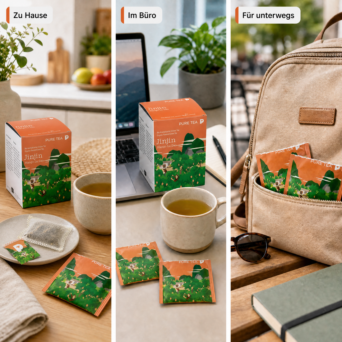 PURE TEA Jinjin Bio Grüner Tee Mango Lu Dao, aromatisierter Grüntee in flachen Kissenbeuteln, 15 x 3 g, einzeln verpackt, Dispenserbox 12 x 9 x 9 cm, glutenfrei, mittlerer Koffeingehalt