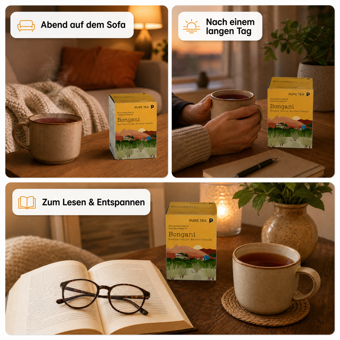 PURE TEA Rooibos Tee Bongani Vanille, aromatisierter Rotbuschtee, Bio, 15 Kissenbeutel à 3 g (45 g), koffeinfrei, flache handgenähte Beutel, Dispenserbox 12 × 9 × 9 cm