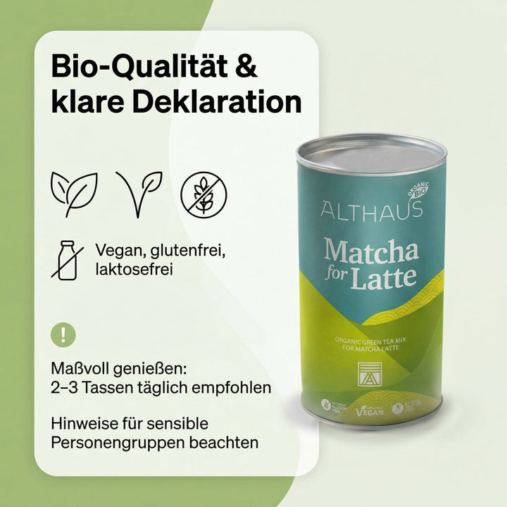ALTHAUS Matcha Latte Pulver, Bio Grüntee-Mischung mit Rohrohrzucker, vegan glutenfrei laktosefrei, 400 g Dose, ca. 20 Portionen, mild-süßer Geschmack, schneller Genuss heiß oder kalt
