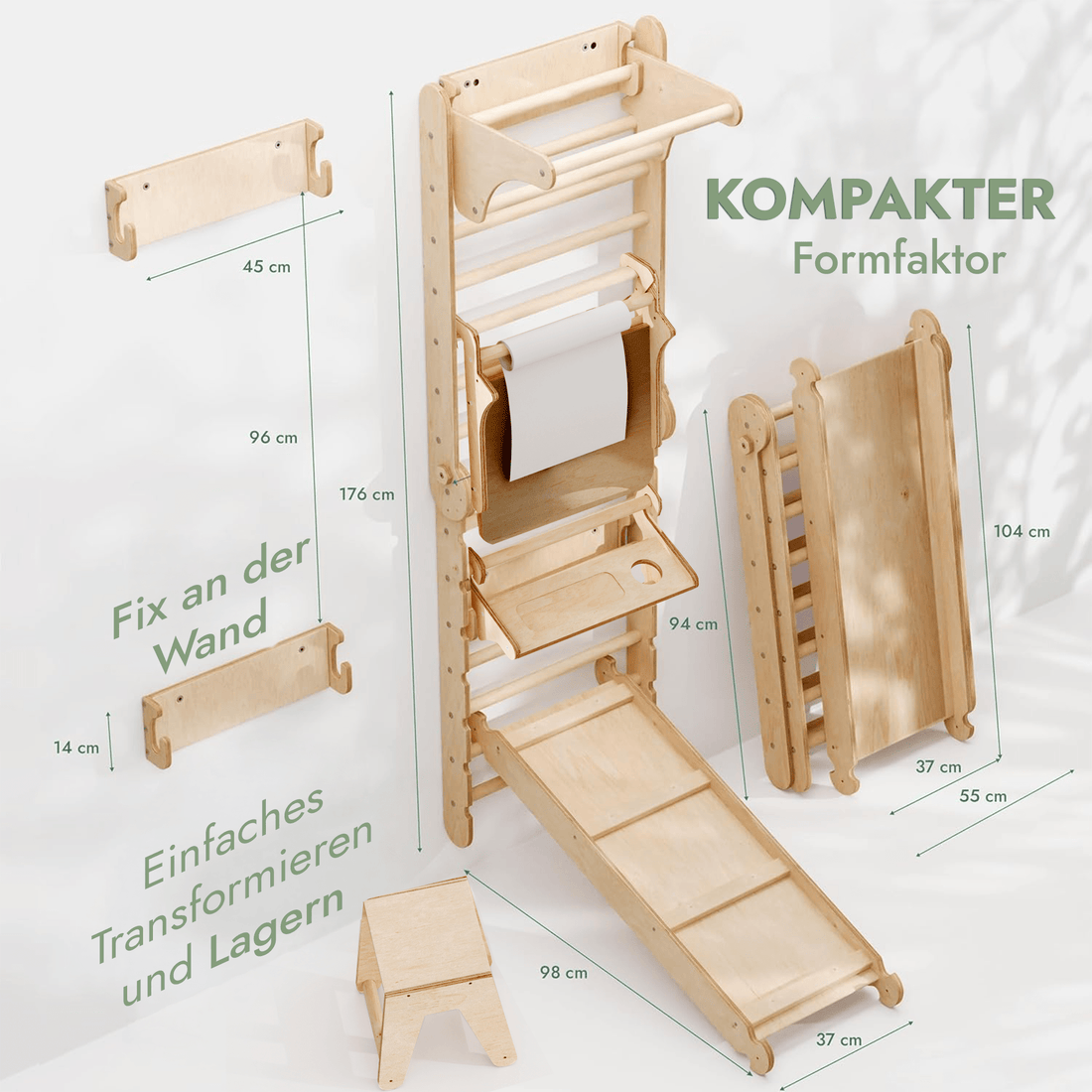 8in1 Kletterwand Indoor: Sprossenwand, Gymnastikringe, Hängende Leiter, Disc-Schaukel, Rutsche, Klimmzugstange, Maltafel und Kinderstuhl für Kinder – Beige