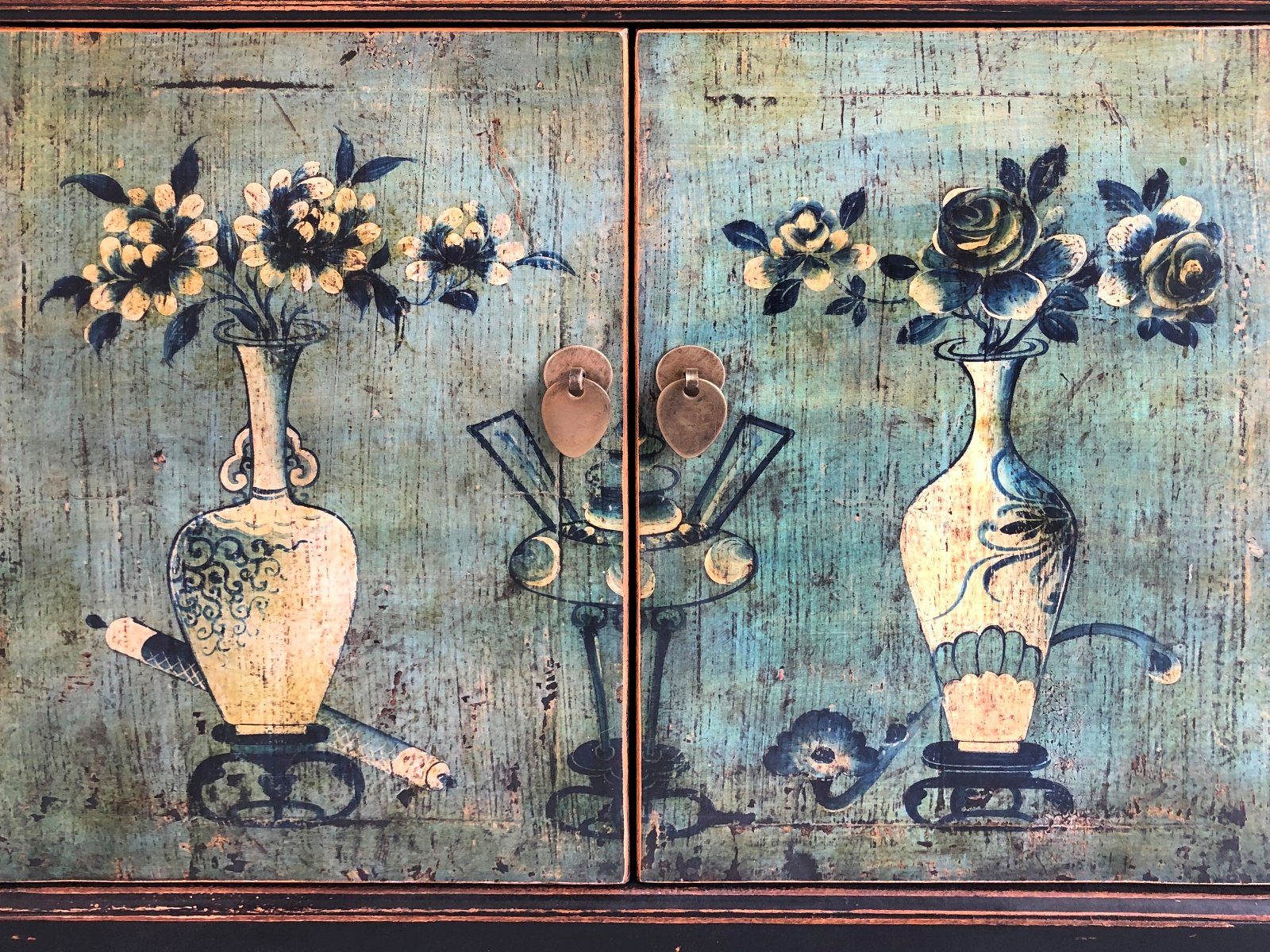 Vintage Asia Oriental Chest Sideboard Cabinet Mint Green - Item 34372-6