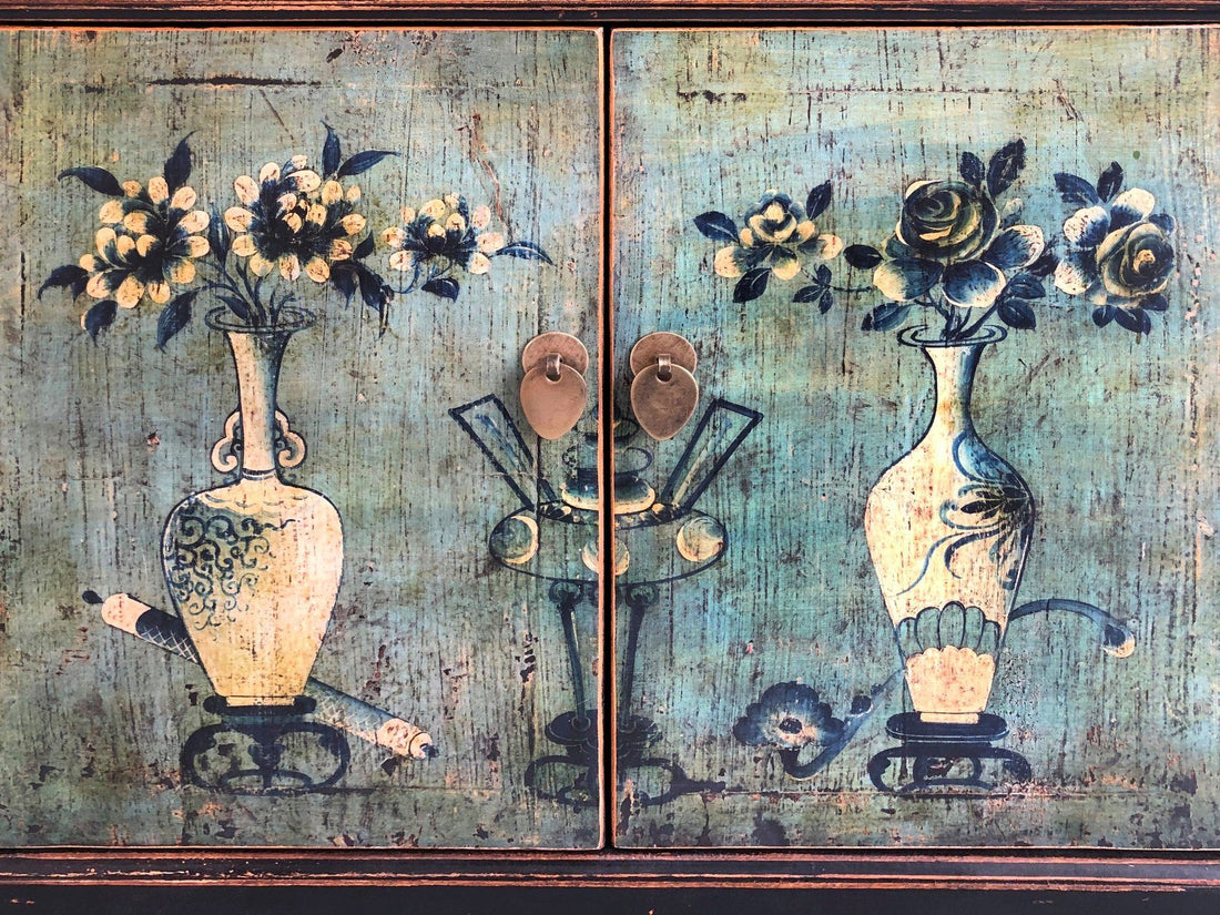 Vintage Asia Oriental Chest Sideboard Cabinet Mint Green - Item 34372-6