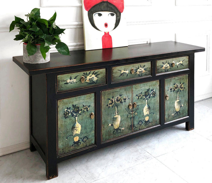 Vintage Asia Oriental Chest Sideboard Cabinet Mint Green - Item 34372-6