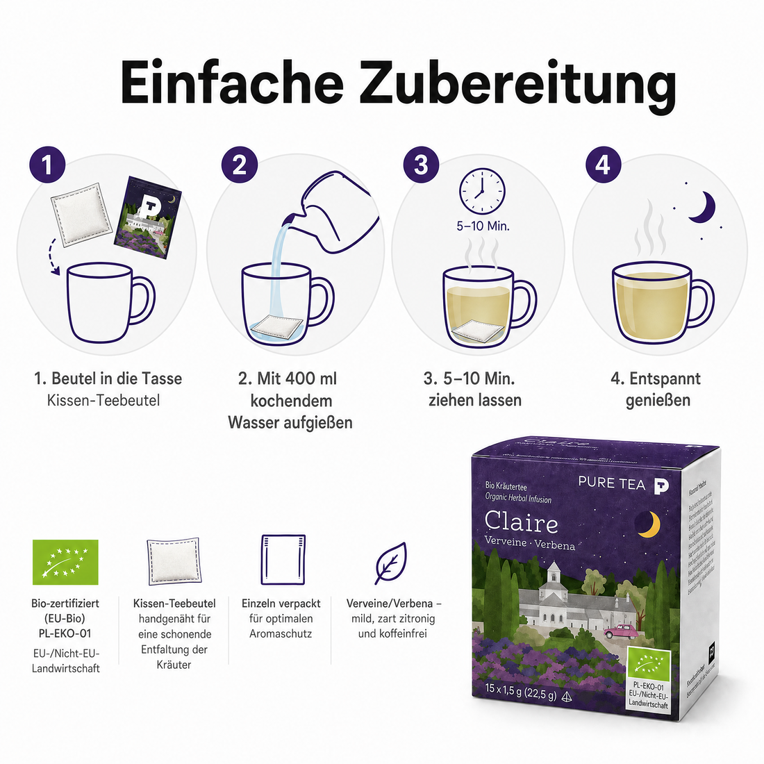 PURE TEA Zitronenverbene Tee Claire Verveine, Bio Kräutertee im handgenähten Kissen-Teebeutel, 15 x 1,5 g, zart zitroniger Geschmack, Dispenserbox 12 x 9 x 9 cm