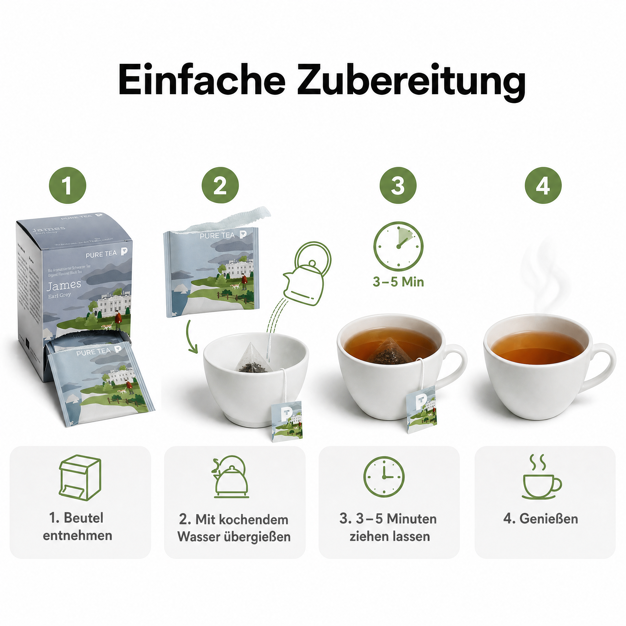 Pure Tea James Earl Grey Teebeutel, Bio-Schwarztee mit Bergamotte, aromatisierter schwarzer Tee im Kissenbeutel, einzeln verpackt in eleganter Dispenserbox, britischer Afternoon-Tea-Genuss
