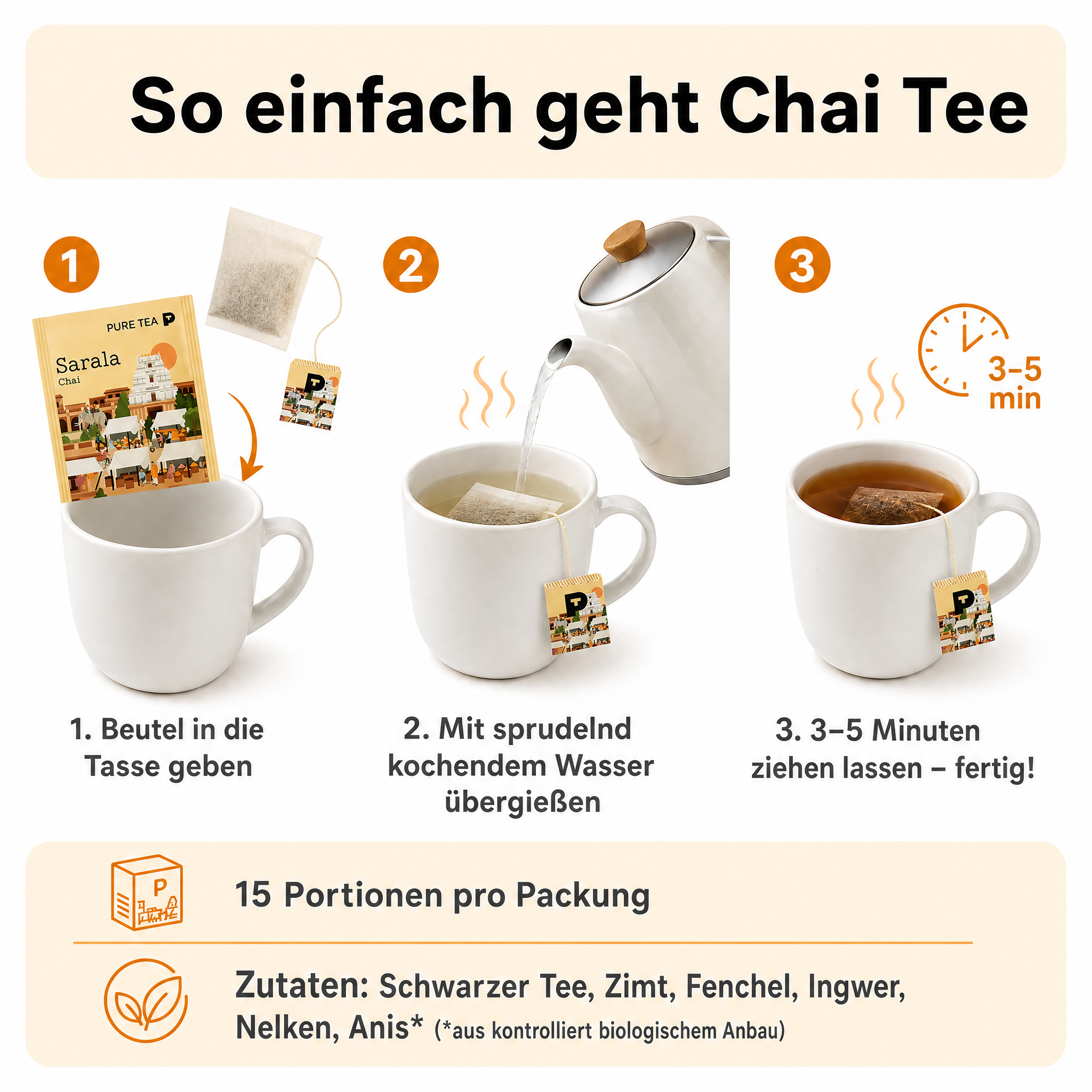 Pure Tea Chai Tee Sarala Chai, Bio-Schwarztee als Gewürztee mit Zimt, Fenchel, Ingwer, Nelken & Anis, Pyramiden-Teebeutel, einzeln verpackt in Dispenserbox, 12 x 9 x 9 cm