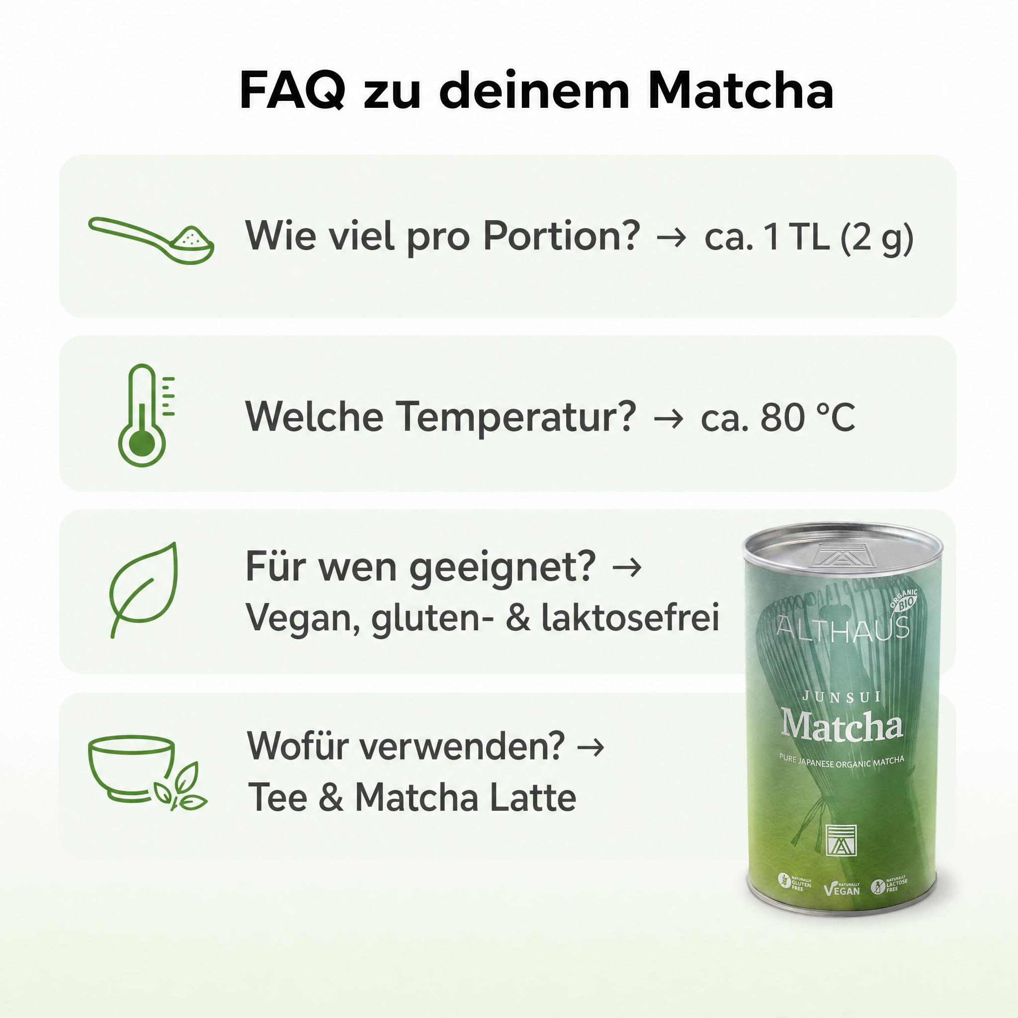 ALTHAUS Junsui Matcha – Japanisches Matcha Pulver, Top-Qualität, reiner japanischer Matcha-Tee, fein gemahlen, leuchtend grün, 150 g in der Dose, vegan, glutenfrei, laktosefrei