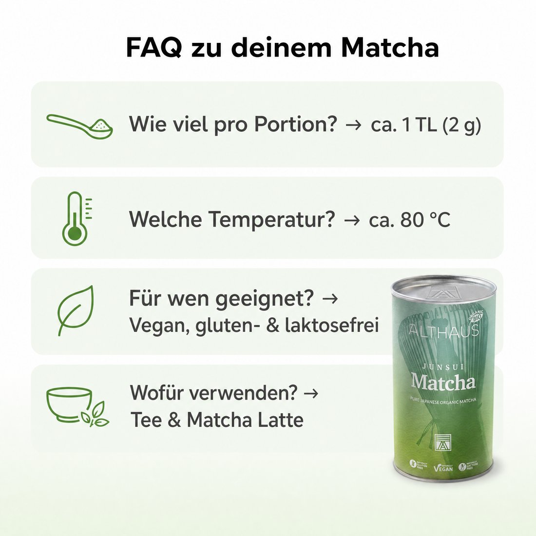 ALTHAUS Junsui Matcha – Japanisches Matcha Pulver, Top-Qualität, reiner japanischer Matcha-Tee, fein gemahlen, leuchtend grün, 150 g in der Dose, vegan, glutenfrei, laktosefrei