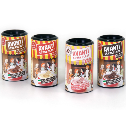 AVANTI Drinking Chocolate Tasting Set - 4x30g Mini Tins (Ruby, White, Dark, Milk Chocolate) - Italian Creamy