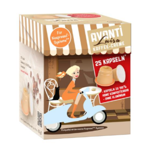 AVANTI LUISA Biocaps – 25 Caffè Crema capsules (Nespresso® compatible), home compostable & aluminum-free, mild & fruity