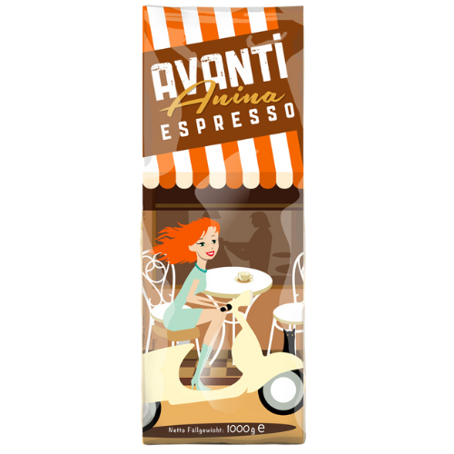 Caffè AVANTI ANINA Mild Espresso – 1 kg Beans (80% Arabica / 20% Robusta), Low Acidity, Swiss Drum Roasted