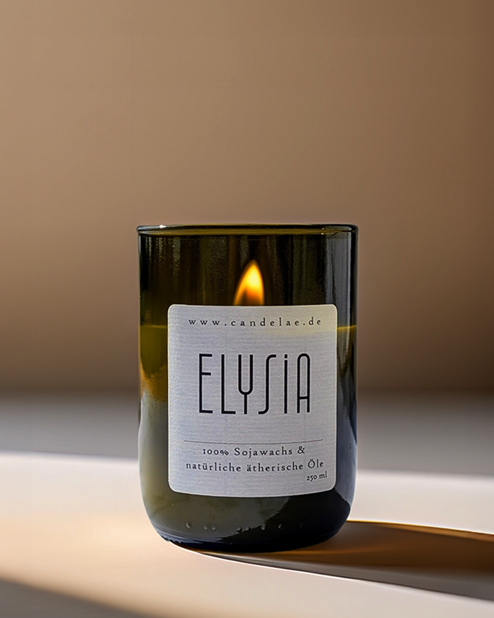 Elysia Scented Candle - Handcrafted Soy Wax Candle in a Wine Bottle Glass, Woody-Floral Essential Oils (250 ml, 50-60 h) | Candelae