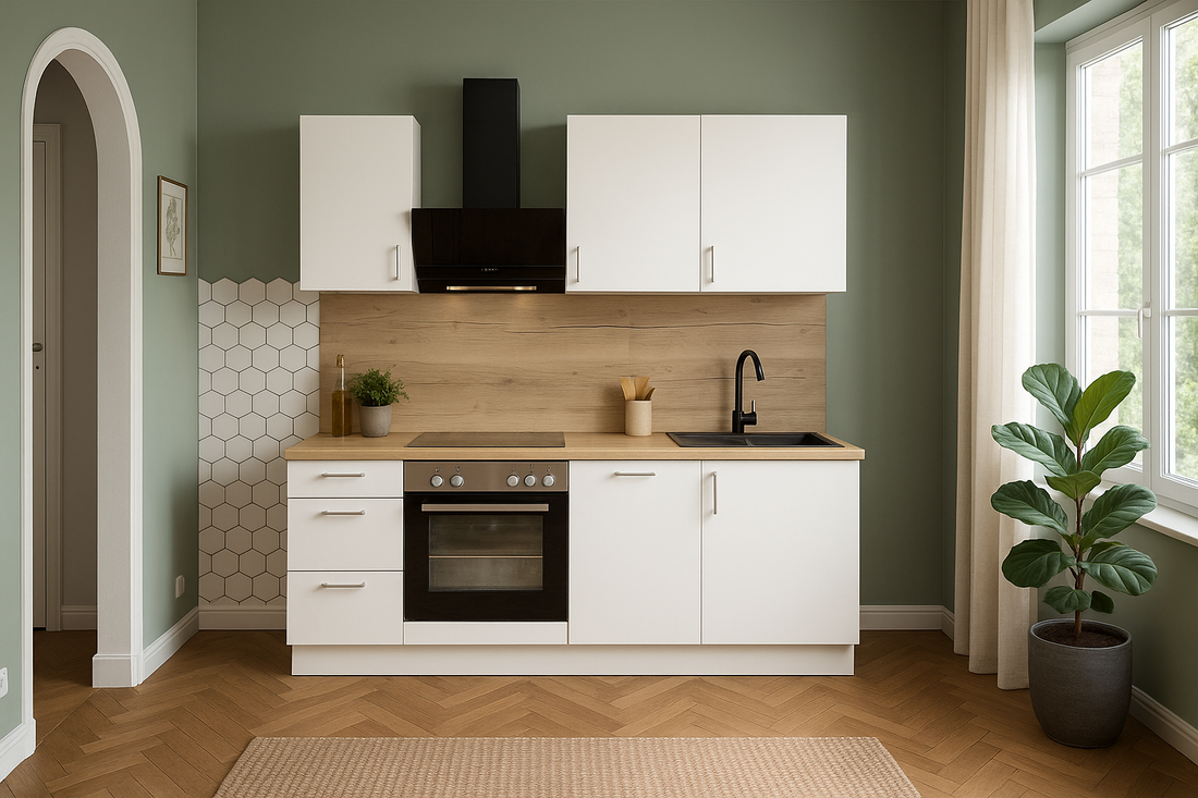 210cm GEBA Complete Kitchenette - pre-assembled with or without electrical appliances, niche back panel & LED lighting